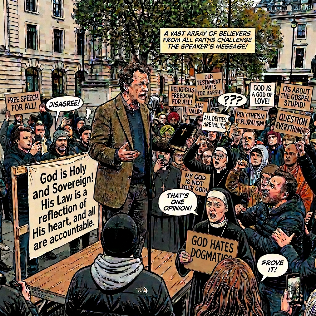 Speaker at rally with signs reading "TRUTH IS NOT POPULAR," "REASON BEFORE EMOTION," "SHUT UP!," "LIAR!," "OFFENSIVE!," "NO HATE SPEECH," and "GET OFF THE STAGE."